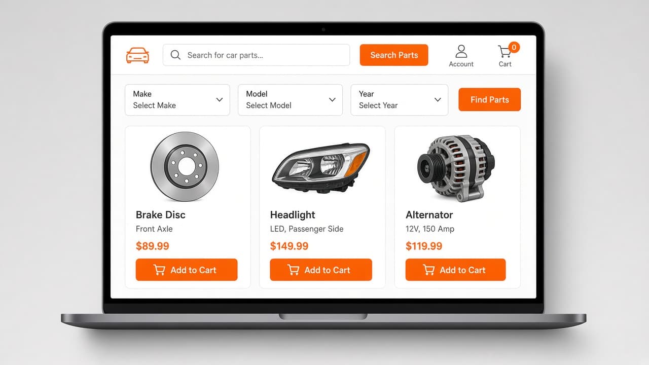 Parts website showing live search, make and model filters, and add to cart